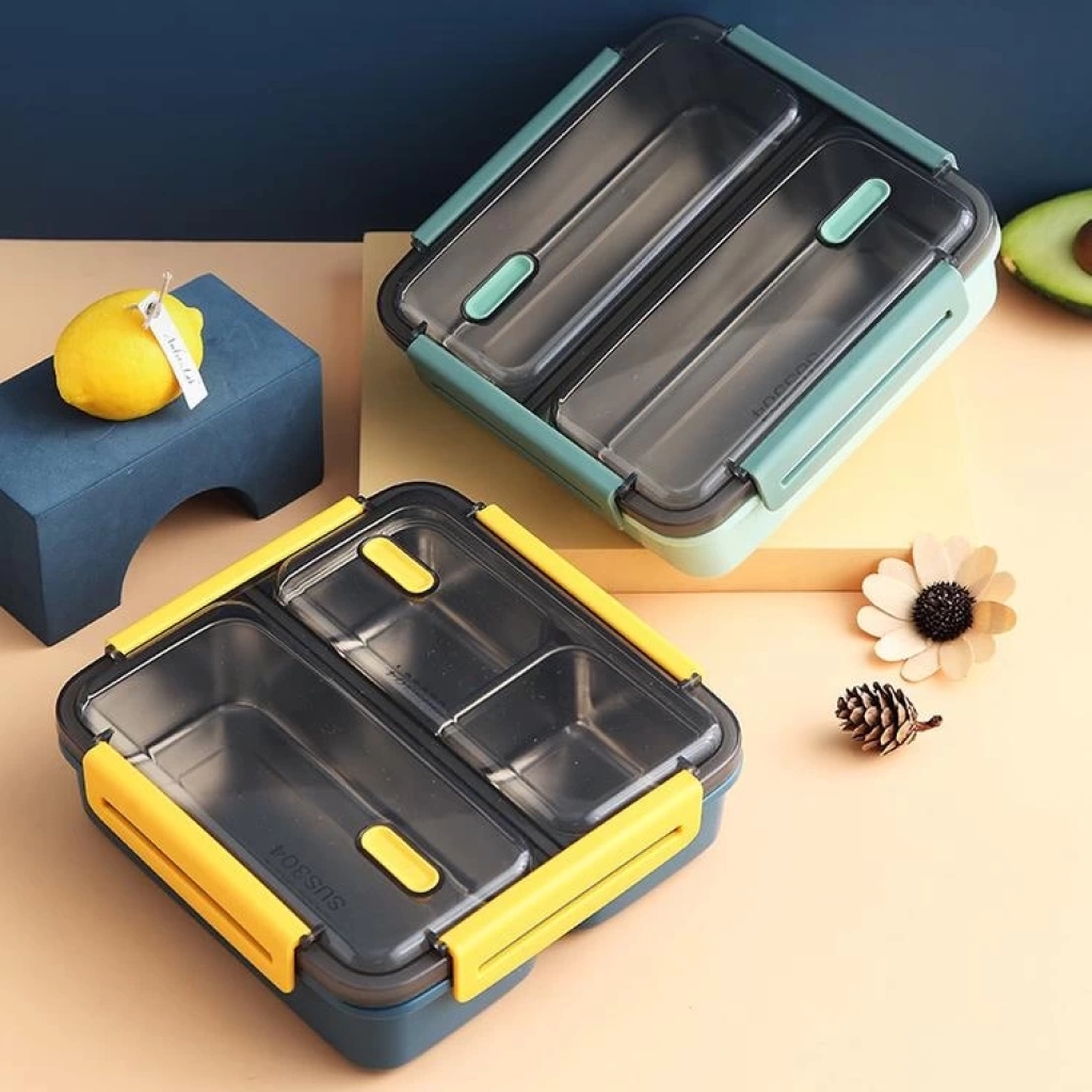 Vagonlife Paslanmaz Çelik Üç Bölmeli Yemek Kabı Lunch Box BL50350-3 950ml Yeşil