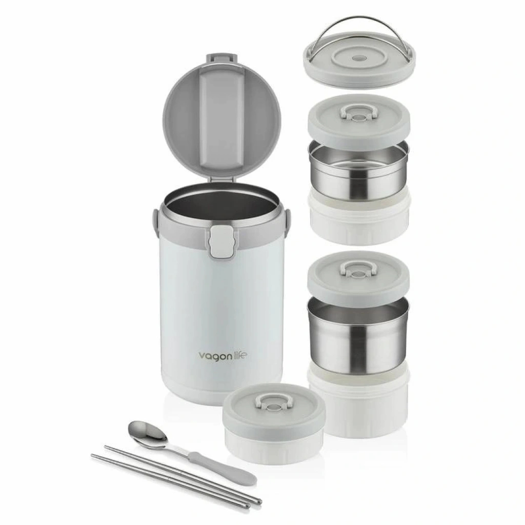 Vagonlife Yemek Kabı Paslanmaz Çelik İki Bölmeli Lunch Box BL10089 2100 ml Beyaz