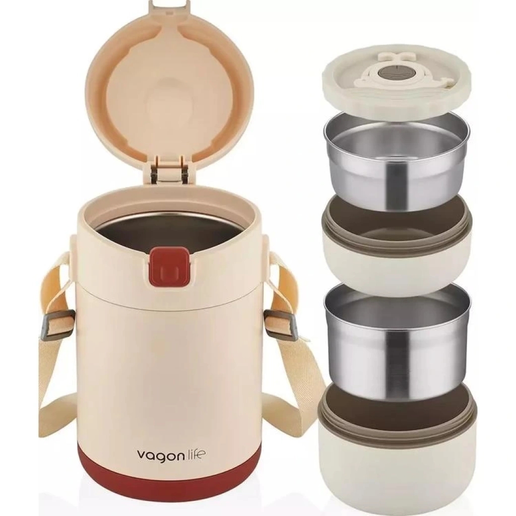 Vagonlife Yemek Kabı Paslanmaz Çelik İki Bölmeli Lunch Box BL10081 1800 ml Bej