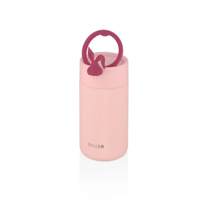 Vagon Life Diller 420 ML Süzgeçli Tavşan Figürlü Silikon Taşıma Kulplu Çelik Matara D9078 Pembe