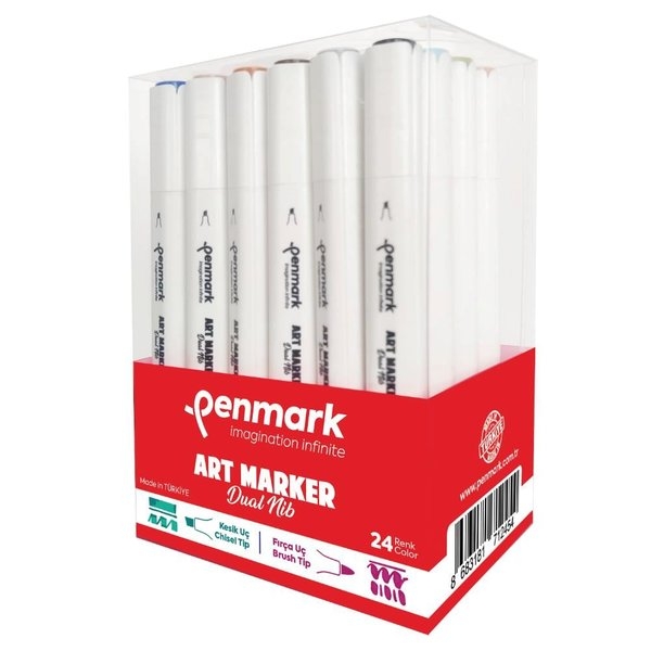 Penmark Art Marker Dual Nib Fırça Uç + Kesik Uç 24 Renk Set (Yerli Üretim)