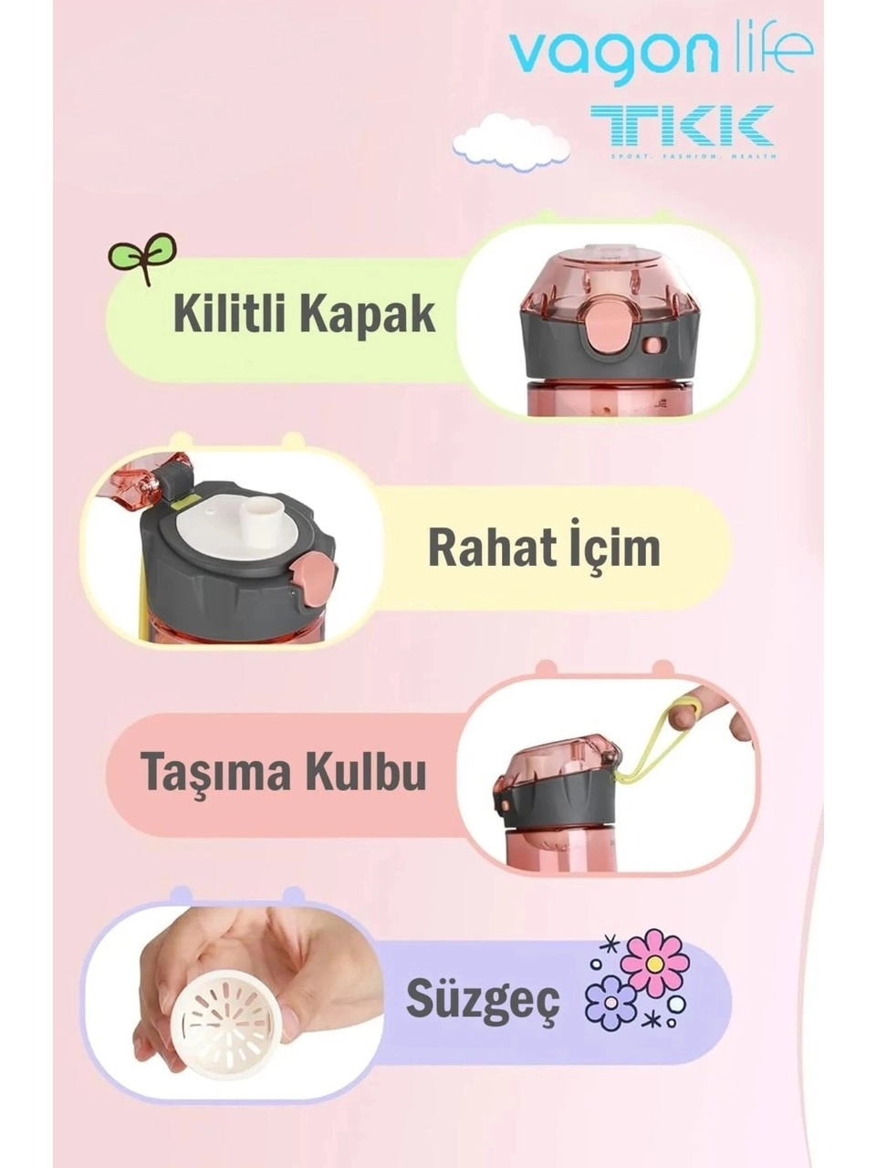 Vagon Life 500 ml Desenli Su Matarası T-1008 Pembe