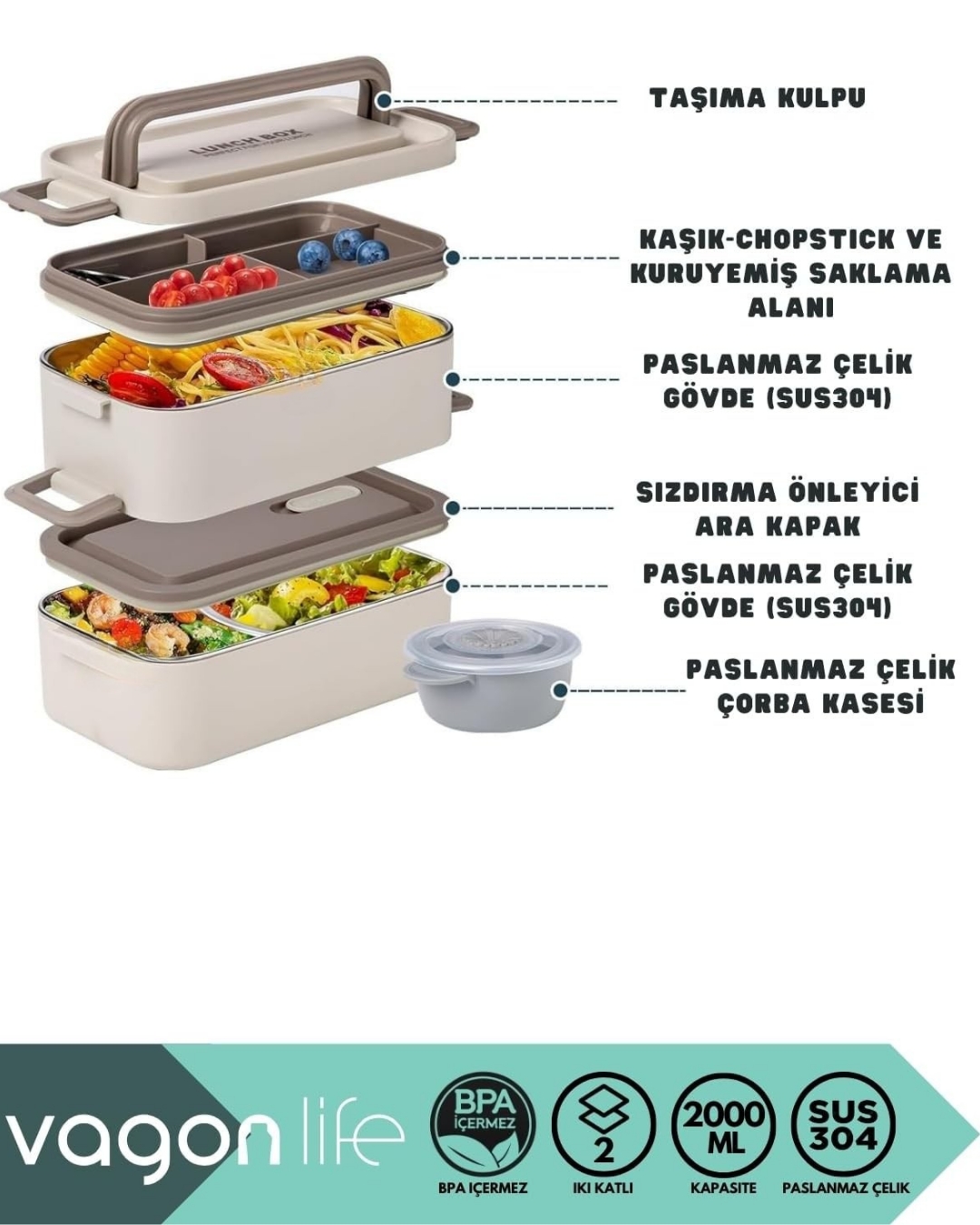 Vagonlife Yemek Kabı 2 Katlı Lunch Box BL01029 2000 ml Kahverengi