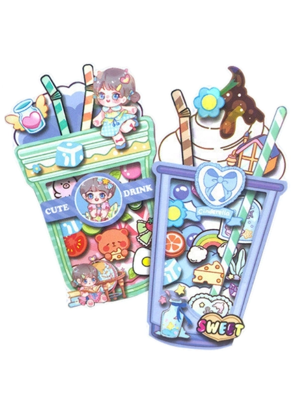 Sevimli Anime Kızı 3D İçecek Figürlü Shaker Sticker Seti – Yaz Temalı DIY El İşi Kiti Craft Kiti ( Journal, Quiet Book ve Scrapbook İçin )