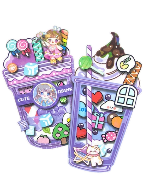 Sevimli Anime Kızı 3D İçecek Figürlü Shaker Sticker Seti – Yaz Temalı DIY El İşi Kiti Craft Kiti ( Journal, Quiet Book ve Scrapbook İçin )
