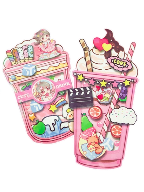 Sevimli Anime Kızı 3D İçecek Figürlü Shaker Sticker Seti – Yaz Temalı DIY El İşi Kiti Craft Kiti ( Journal, Quiet Book ve Scrapbook İçin )