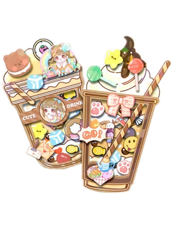 Sevimli Anime Kızı 3D İçecek Figürlü Shaker Sticker Seti – Yaz Temalı DIY El İşi Kiti Craft Kiti ( Journal, Quiet Book ve Scrapbook İçin )