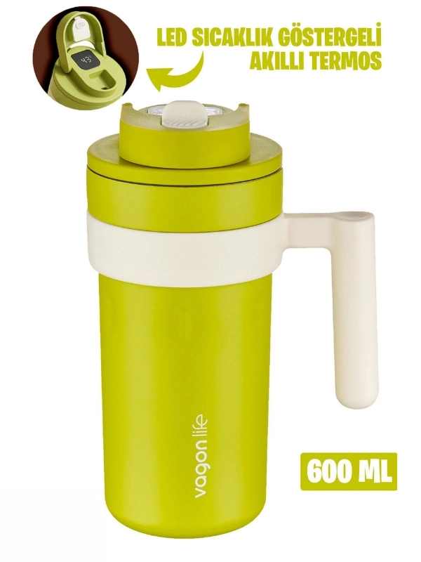 Vagon Life 600 ML LED Sıcaklık Göstergeli Akıllı Çelik Termos Kulplu Kahve Bardağı, Mug  FFVGN2009 Yeşil