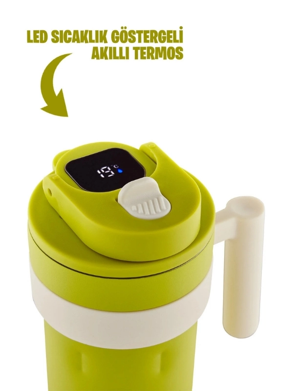 Vagon Life 600 ML LED Sıcaklık Göstergeli Akıllı Çelik Termos Kulplu Kahve Bardağı, Mug  FFVGN2009 Yeşil