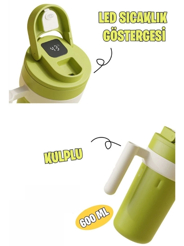 Vagon Life 600 ML LED Sıcaklık Göstergeli Akıllı Çelik Termos Kulplu Kahve Bardağı, Mug  FFVGN2009 Çelik