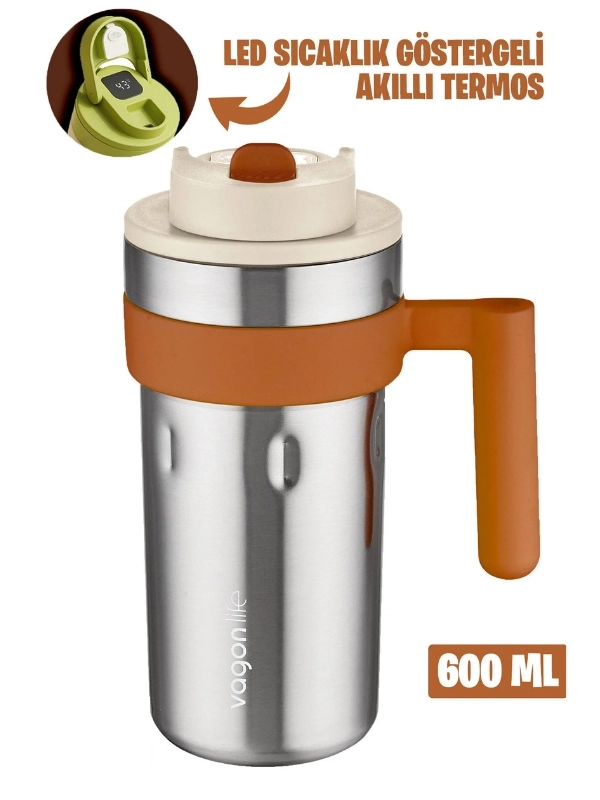 Vagon Life 600 ML LED Sıcaklık Göstergeli Akıllı Çelik Termos Kulplu Kahve Bardağı, Mug  FFVGN2009 Çelik