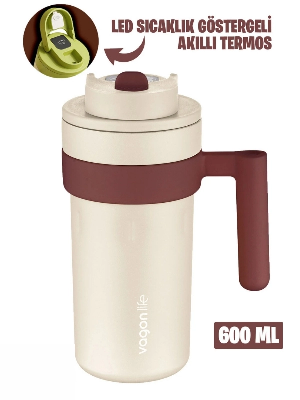 Vagon Life 600 ML LED Sıcaklık Göstergeli Akıllı Çelik Termos Kulplu Kahve Bardağı, Mug  FFVGN2009 Beyaz