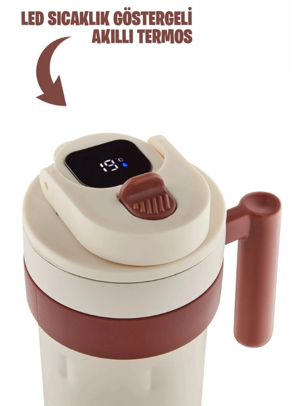 Vagon Life 600 ML LED Sıcaklık Göstergeli Akıllı Çelik Termos Kulplu Kahve Bardağı, Mug  FFVGN2009 Beyaz