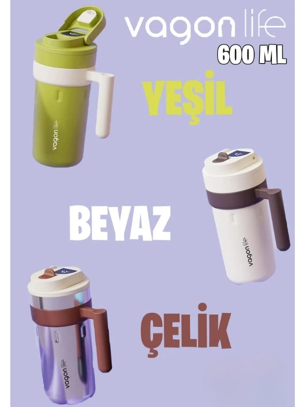 Vagon Life 600 ML LED Sıcaklık Göstergeli Akıllı Çelik Termos Kulplu Kahve Bardağı, Mug  FFVGN2009 Çelik