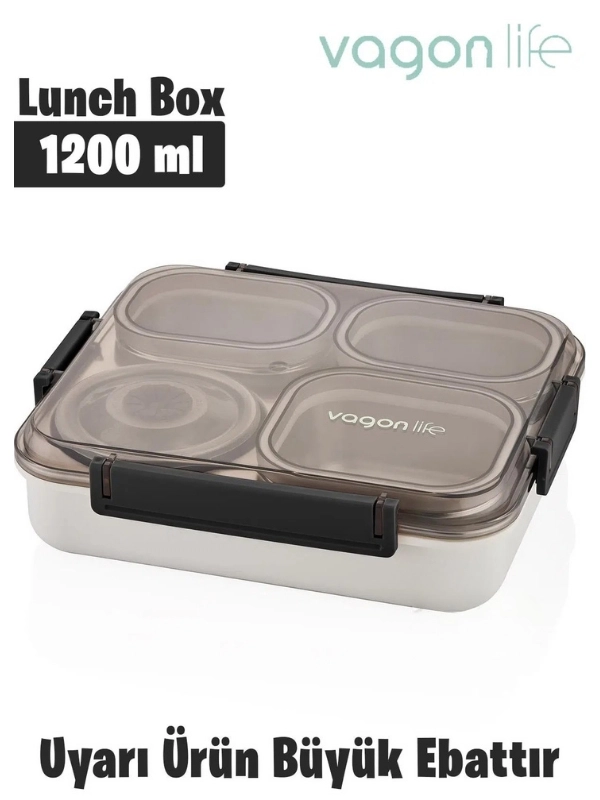Vagon Life Büyük Ebat 1200 ML Sızdırmaz,Karışmaz 4 Bölmeli Lunch Box Yeni Nesil Sefer Tası 7080 Siyah