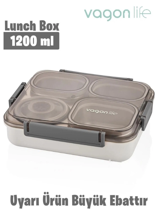 Vagon Life Büyük Ebat 1200 ML Sızdırmaz,Karışmaz 4 Bölmeli Lunch Box Yeni Nesil Sefer Tası 7080 Gri