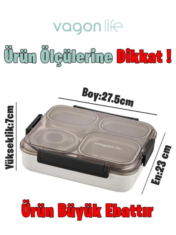 Vagon Life Büyük Ebat 1200 ML Sızdırmaz,Karışmaz 4 Bölmeli Lunch Box Yeni Nesil Sefer Tası 7080 Gri