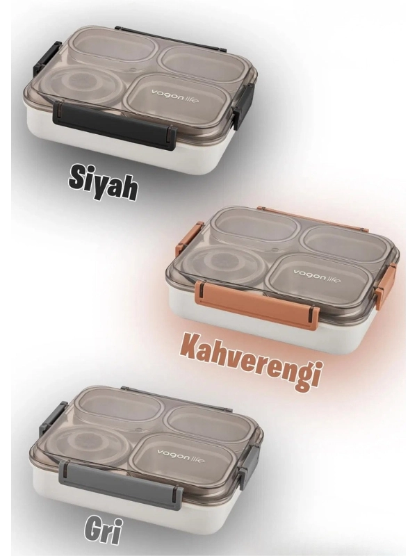 Vagon Life Büyük Ebat 1200 ML Sızdırmaz,Karışmaz 4 Bölmeli Lunch Box Yeni Nesil Sefer Tası 7080 Siyah