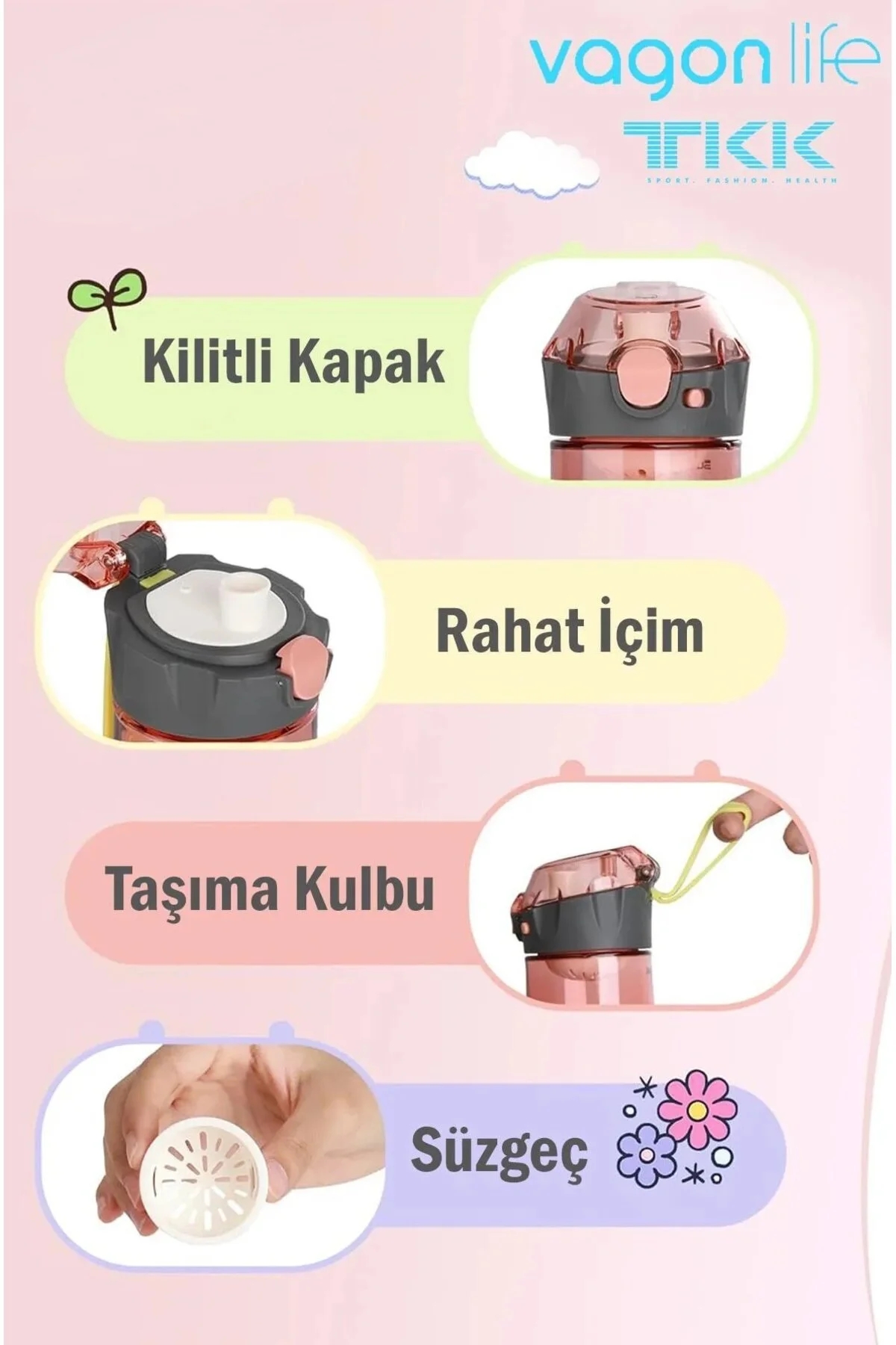 Vagon Life 500 ml Desenli Su Matarası T-1008 Siyah