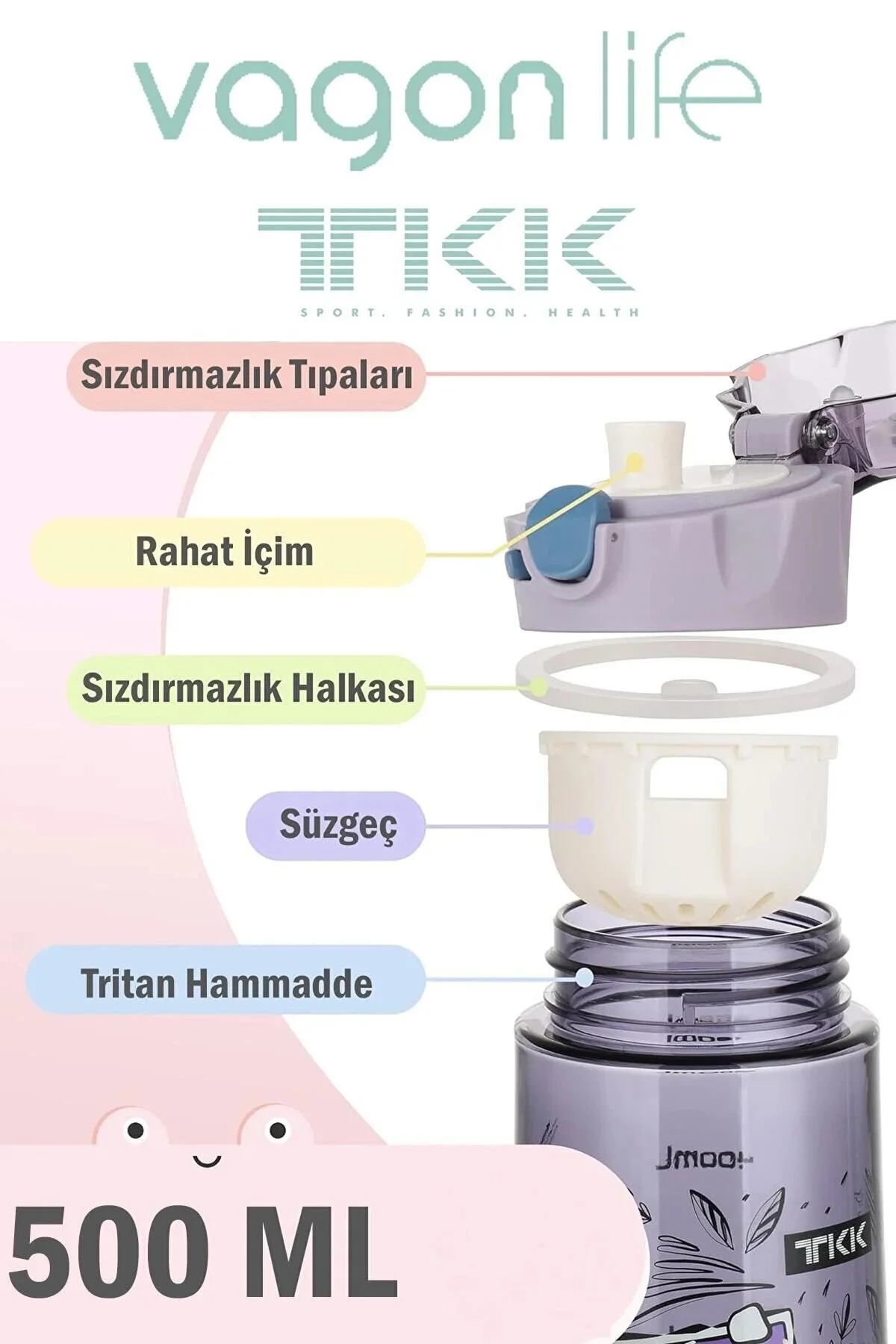 Vagon Life 500 ml Desenli Su Matarası T-1008 Siyah