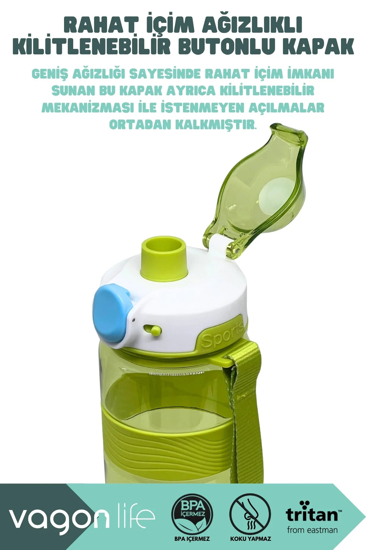 Vagon Life 800ml Rahat İçim El Askılı Kilitli Kapaklı Tritan Su Matarası VGN046 Turkuaz