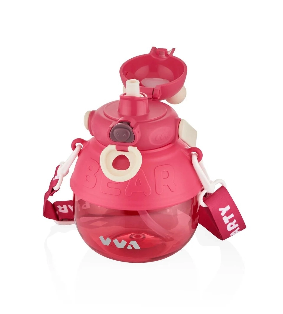Vagon Life TKK 1000 ml Çift Kullanım Pipetli Rahat İçim Ayıcıklı Taşıma ve Boyun Askılı Tritan Su Matarası VVA1000 V-1003 Pembe