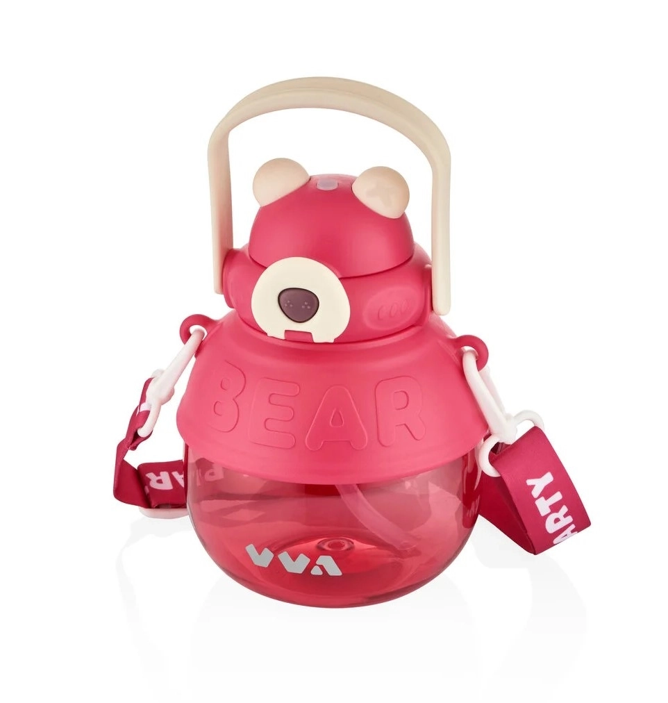 Vagon Life TKK 1000 ml Çift Kullanım Pipetli Rahat İçim Ayıcıklı Taşıma ve Boyun Askılı Tritan Su Matarası VVA1000 V-1003 Pembe