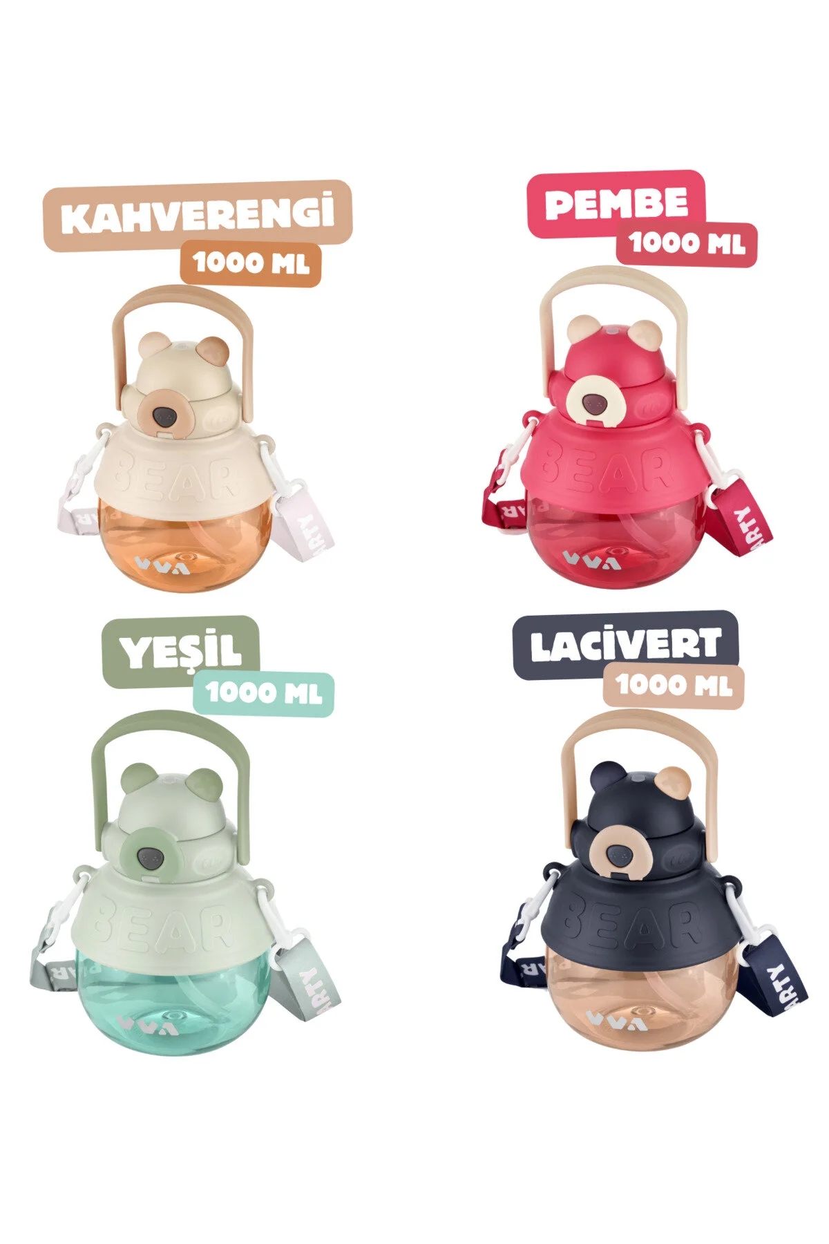 Vagon Life TKK 1000 ml Çift Kullanım Pipetli Rahat İçim Ayıcıklı Taşıma ve Boyun Askılı Tritan Su Matarası VVA1000 V-1003 Kahverengi