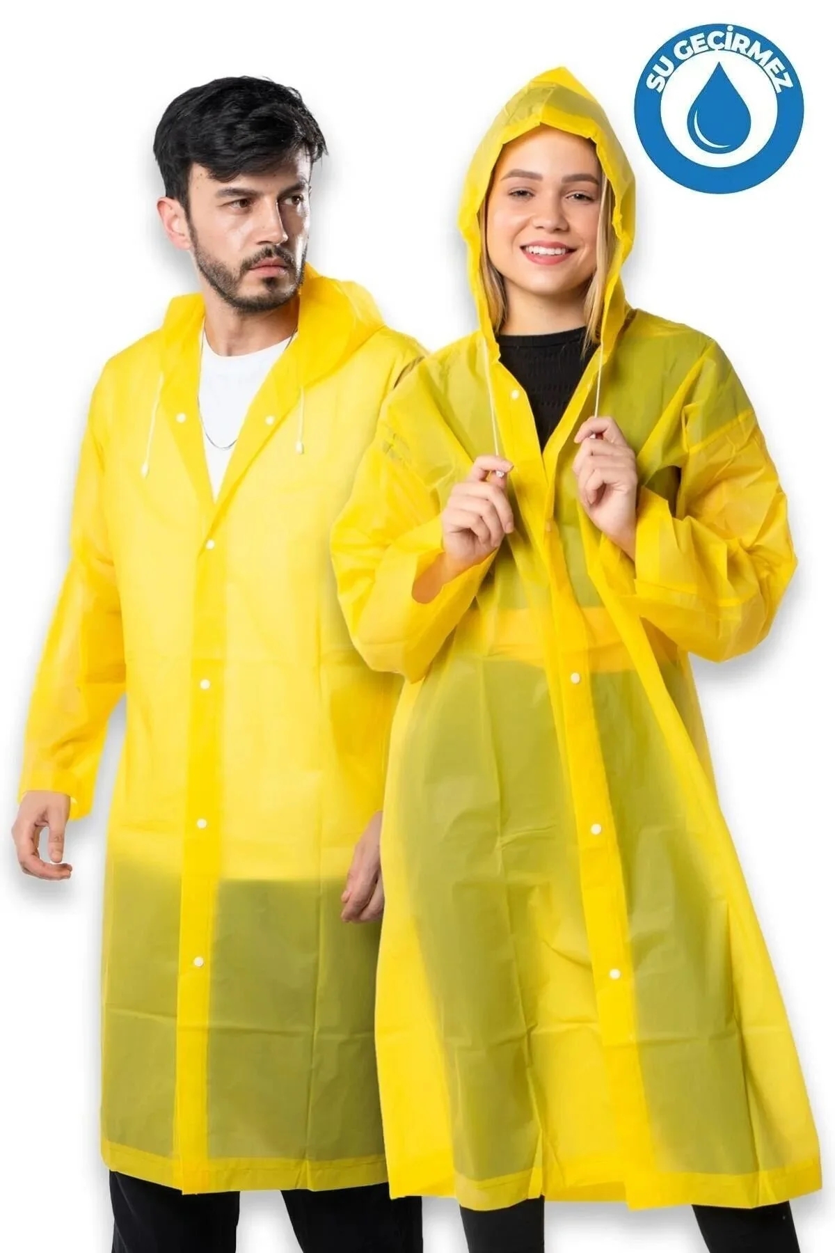 Unisex Su Geçirmez Çıt Çıt Detaylı Kapüşonlu Yağmurluk Kadın Erkek Yetişkin Yağmurluk Standart Beden