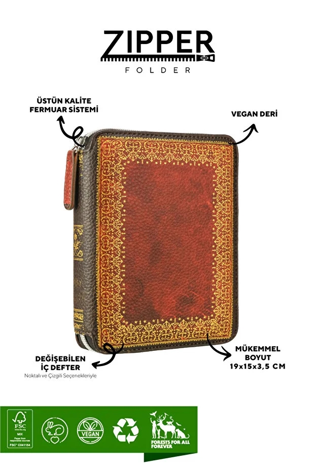 Victoria’s Journals Zipper Folder Organizer Defter A6 Çizgili Kahverengi Çizgili 23-2165