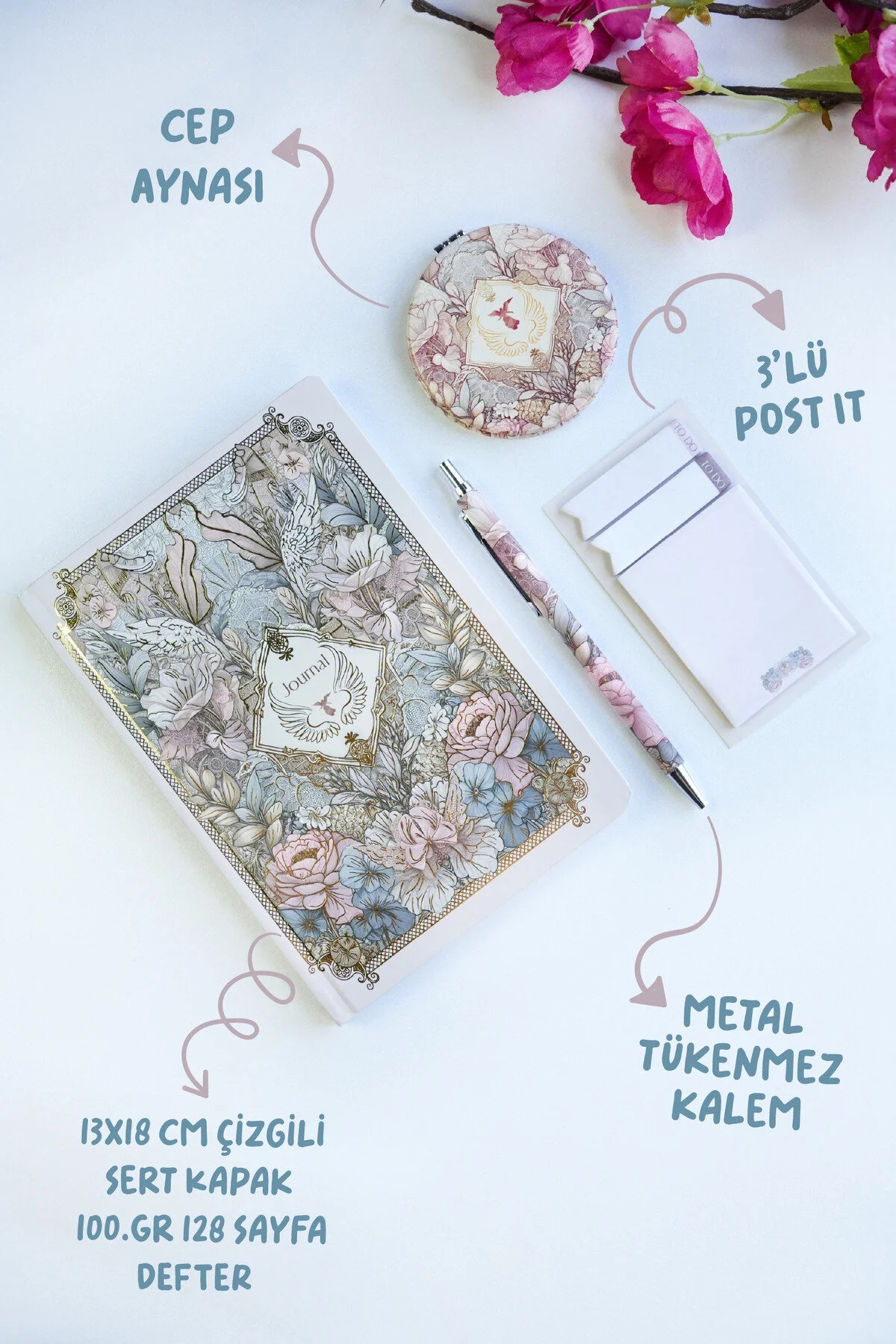 Victoria’s Journals Set 13x18cm 128 Sayfa 100 Gr. Sert Kapak Defter + 1 Ad. Ayna + 1 Ad. Tükenmez Kalem + Postit  124-2073 Kutulu Set