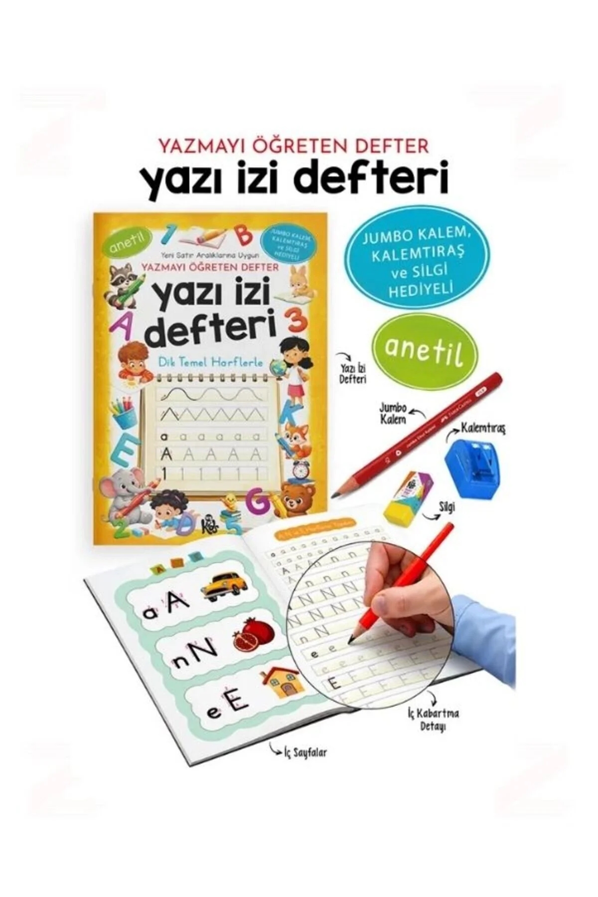 Yazı İzi Defteri - Yazmayı Öğreten Defter - Jumbo Kalem, Kalemtıraş ve Silgi Hediyeli