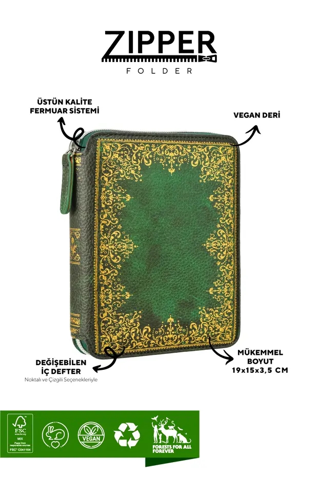 Victoria’s Journals Zipper Folder Organizer Defter A6 Çizgili Yeşil Cüzdanlı Defter 23-2166