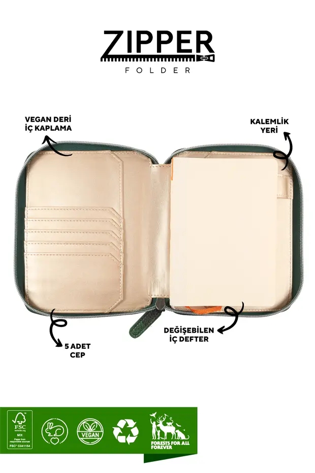 Victoria’s Journals Zipper Folder Organizer Defter A6 Çizgili Yeşil Cüzdanlı Defter 23-2166