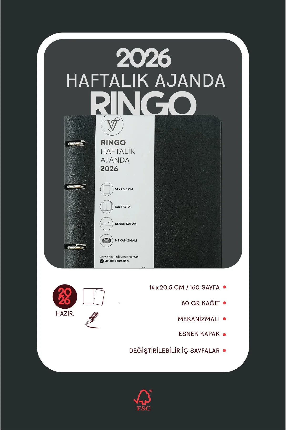 Victoria’s Journals RinGo Esnek Kapak A5 2026 Haftalık Ajanda Siyah 226-2349