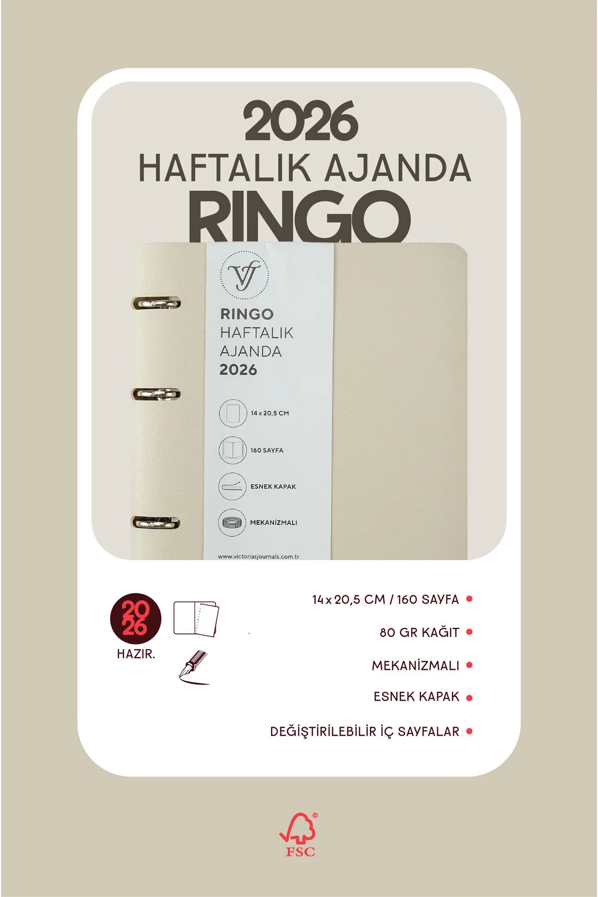 Victoria’s Journals RinGo Esnek Kapak A5 2026 Haftalık Ajanda Bej 226-2348