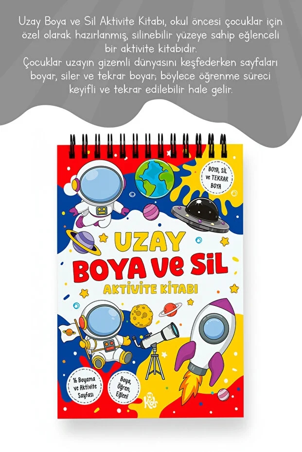 Uzay Boya ve Sil Aktivite Kitabı | 4 Renk Jumbo Keçeli Kalem ve Silgi Hediyeli - 3 Yaş Üzeri