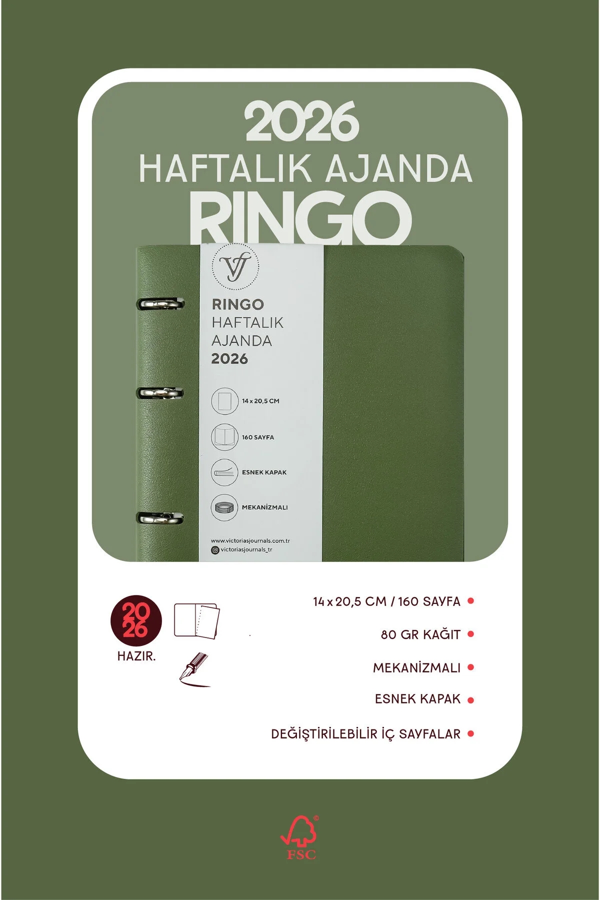Victoria’s Journals RinGo Esnek Kapak A5 2026 Haftalık Ajanda Yeşil 226-2351