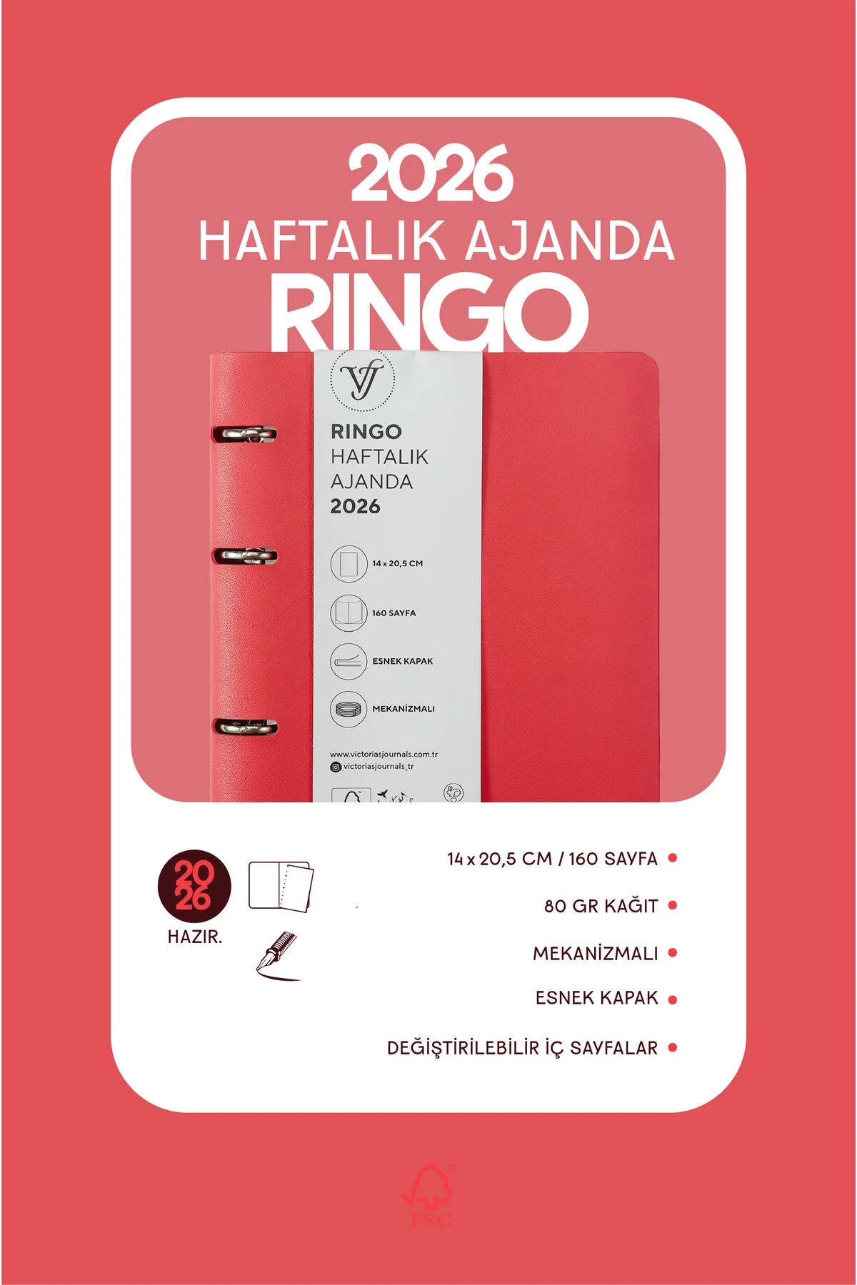 Victoria’s Journals RinGo Esnek Kapak A5 2026 Haftalık Ajanda Kırmızı 226-2347