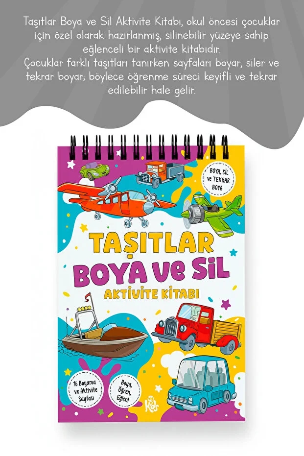 Taşıtlar Boya ve Sil Aktivite Kitabı | 4 Renk Jumbo Keçeli Kalem ve Silgi Hediyeli - 3 Yaş Üzeri