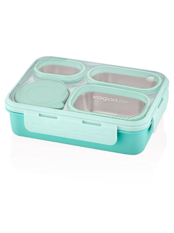 Vagon Life Lunch Box 800ML Paslanmaz Çelik Tek Kat Dört Bölmeli Çorba Kaseli Metal Kaşıklı 7099 Yeşil