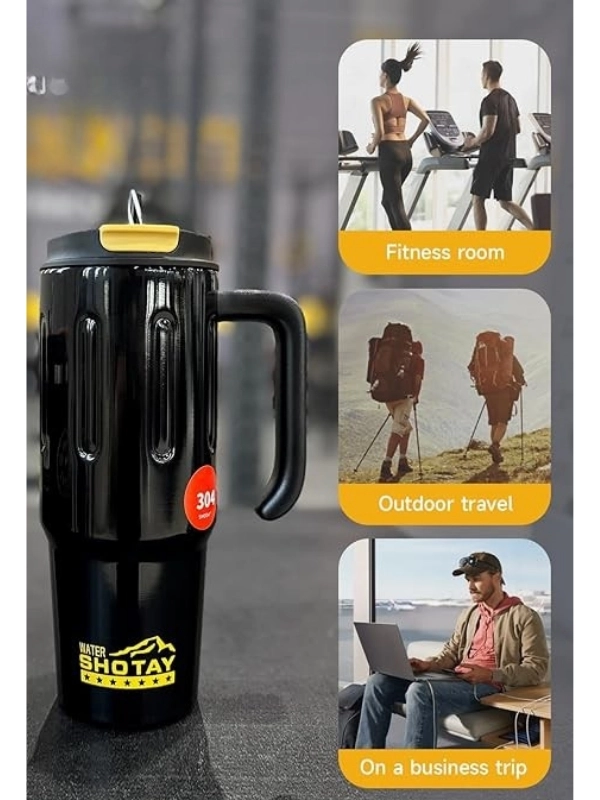 Vagon Life Shotay Çelik Pipetli Termos Matara Handle Mug 900 Ml Siyah ST-8171