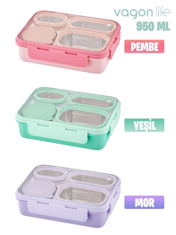 Vagon Life Lunch Box 800ML Paslanmaz Çelik Tek Kat Dört Bölmeli Çorba Kaseli Metal Kaşıklı 7099 Yeşil