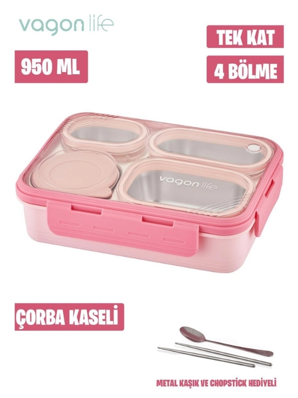Vagon Life Lunch Box 800ML Paslanmaz Çelik Tek Kat Dört Bölmeli Çorba Kaseli Metal Kaşıklı 7099 Yeşil
