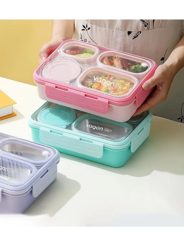 Vagon Life Lunch Box 800ML Paslanmaz Çelik Tek Kat Dört Bölmeli Çorba Kaseli Metal Kaşıklı 7099 Yeşil
