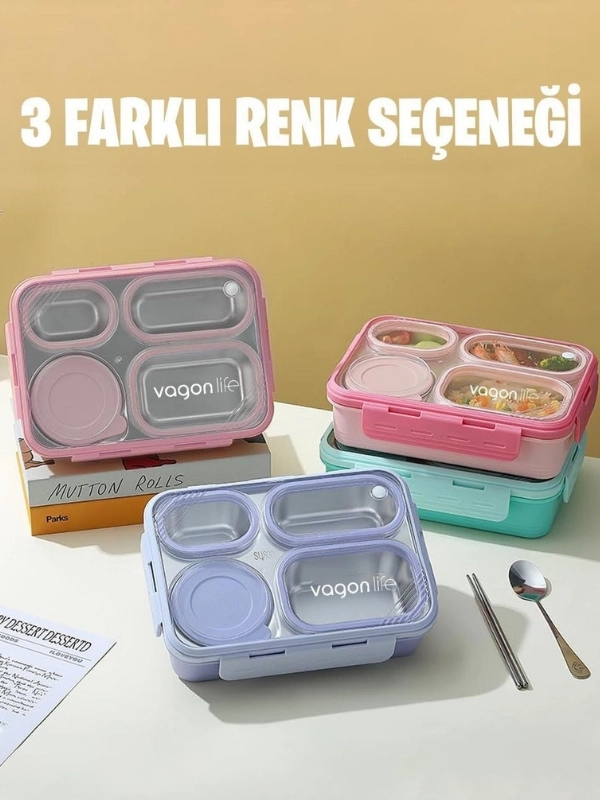 Vagon Life Lunch Box 800ML Paslanmaz Çelik Tek Kat Dört Bölmeli Çorba Kaseli Metal Kaşıklı 7099 Yeşil