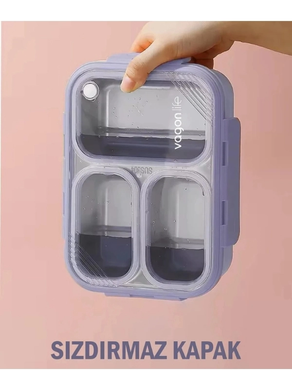 Vagon Life Lunch Box 800ML Paslanmaz Çelik Tek Kat Dört Bölmeli Çorba Kaseli Metal Kaşıklı 7099 Yeşil