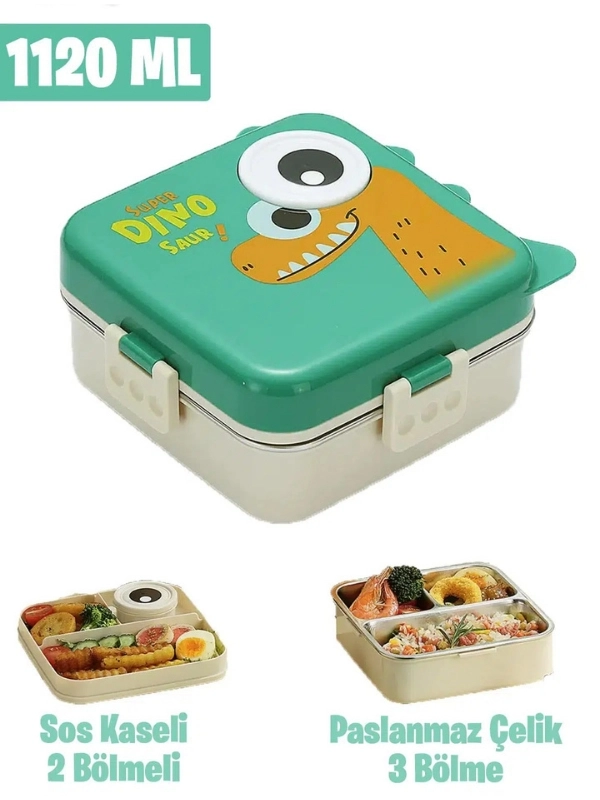 Vagonl Life Lunch Box 1120 ML Sızdırmaz, Karışmaz Üç Bölmeli Sos Kaseli Yeni Nesil Sefer Tası BL10082 Yeşil