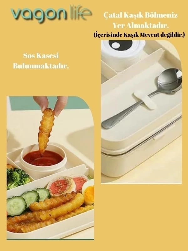 Vagonl Life Lunch Box 1120 ML Sızdırmaz, Karışmaz Üç Bölmeli Sos Kaseli Yeni Nesil Sefer Tası BL10082 Sarı