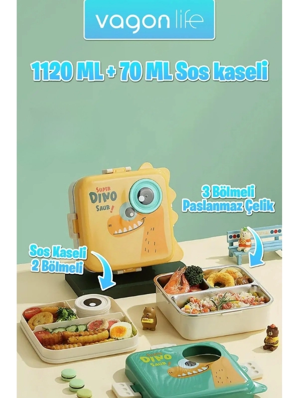 Vagonl Life Lunch Box 1120 ML Sızdırmaz, Karışmaz Üç Bölmeli Sos Kaseli Yeni Nesil Sefer Tası BL10082 Sarı
